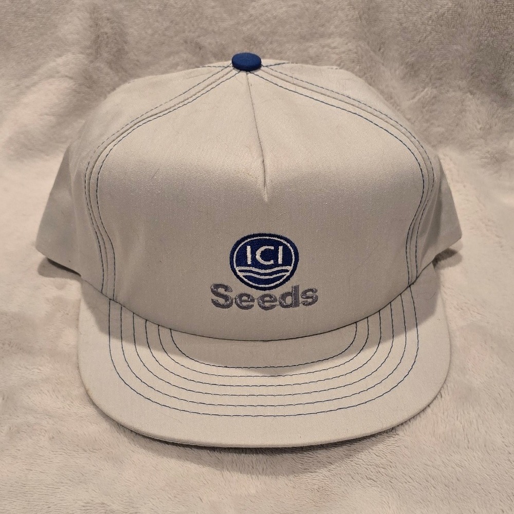 ICI‎ Seeds Vintage Snapback Trucker Hat Blue Embroidered Logo Gray Adjustable